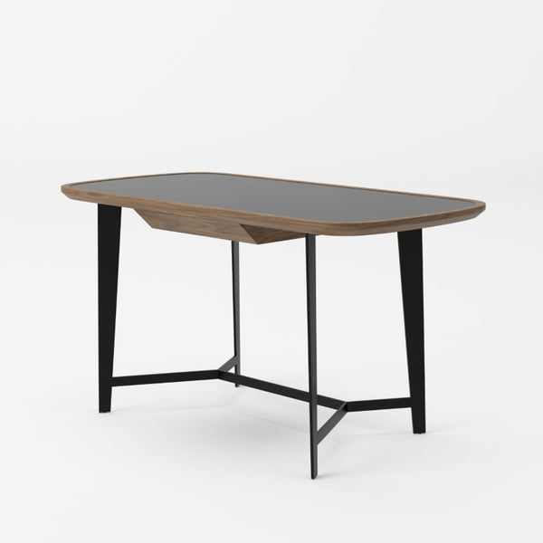 VIG Furniture Girard Mid-Century Walnut Desk With Black Glass Inset, Tapered Metal Legs & Soft-Closing Drawer VGBBMQ2002DK-2