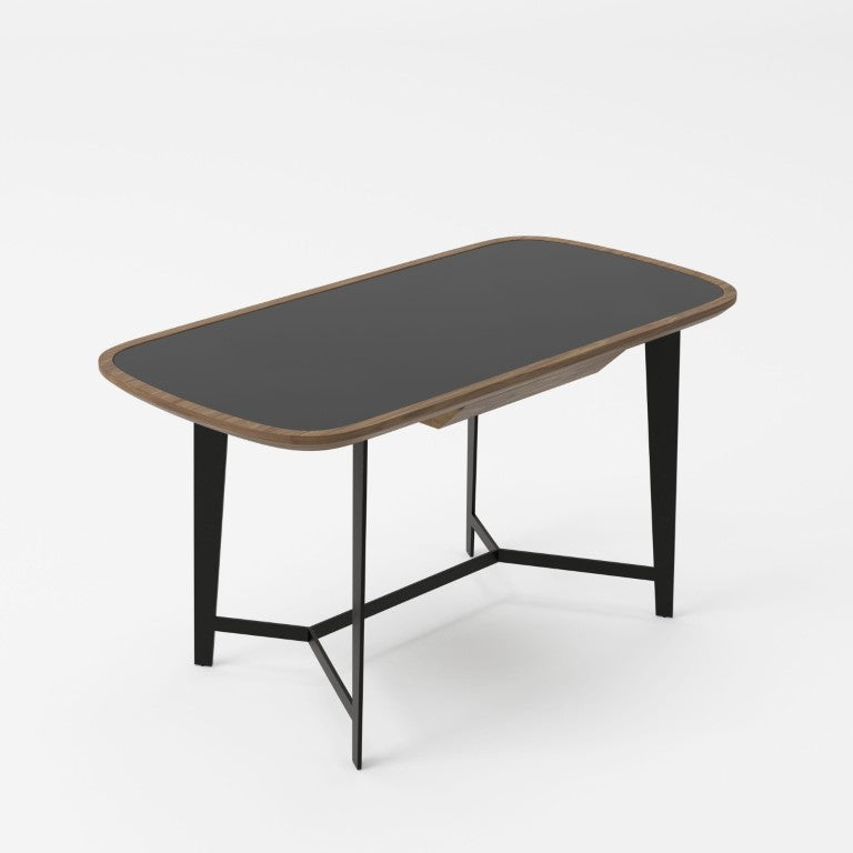 VIG Furniture Girard Mid-Century Walnut Desk With Black Glass Inset, Tapered Metal Legs & Soft-Closing Drawer VGBBMQ2002DK-2