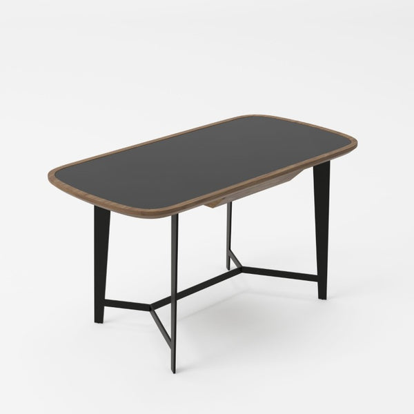 VIG Furniture Girard Mid-Century Walnut Desk With Black Glass Inset, Tapered Metal Legs & Soft-Closing Drawer VGBBMQ2002DK-2