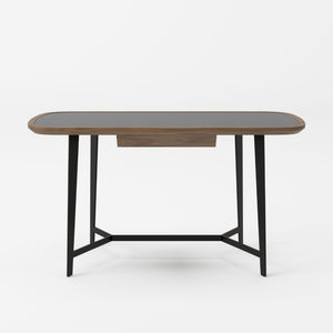 VIG Furniture Girard Mid-Century Walnut Desk With Black Glass Inset, Tapered Metal Legs & Soft-Closing Drawer VGBBMQ2002DK-2