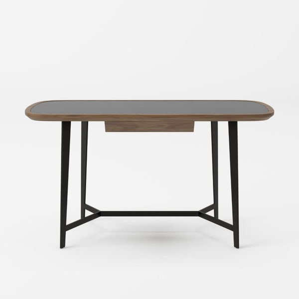 VIG Furniture Girard Mid-Century Walnut Desk With Black Glass Inset, Tapered Metal Legs & Soft-Closing Drawer VGBBMQ2002DK-2