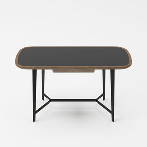 VIG Furniture Girard Mid-Century Walnut Desk With Black Glass Inset, Tapered Metal Legs & Soft-Closing Drawer VGBBMQ2002DK-2
