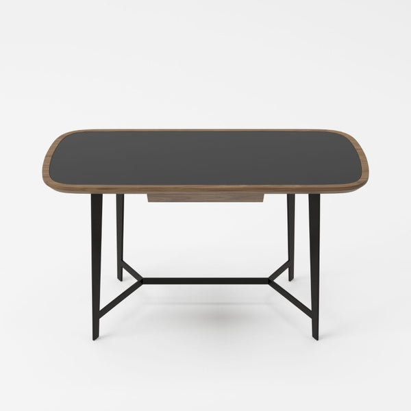 VIG Furniture Girard Mid-Century Walnut Desk With Black Glass Inset, Tapered Metal Legs & Soft-Closing Drawer VGBBMQ2002DK-2