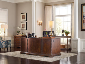 Hooker Furniture Charleston Executive Desk With Leather Writing Surface, Cherry Veneers, Walnut/Maple Inlay, 7-Drawer Storage 6750-10563-85