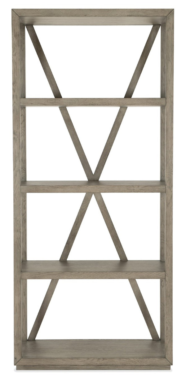 Hooker Furniture Linville Oak Veneer Etagere In Mink Finish With X-Back, 4 Fixed Shelves, Anti-Tip Hardware, 86"H 6150-50003-85