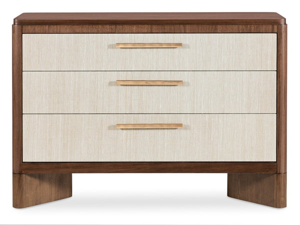 Hooker Furniture Eleana Walnut Three Drawer Chest With Beige Grass-Cloth Fronts, Sunlit Bronze Hardware, Transitional Style 7252-85004-85