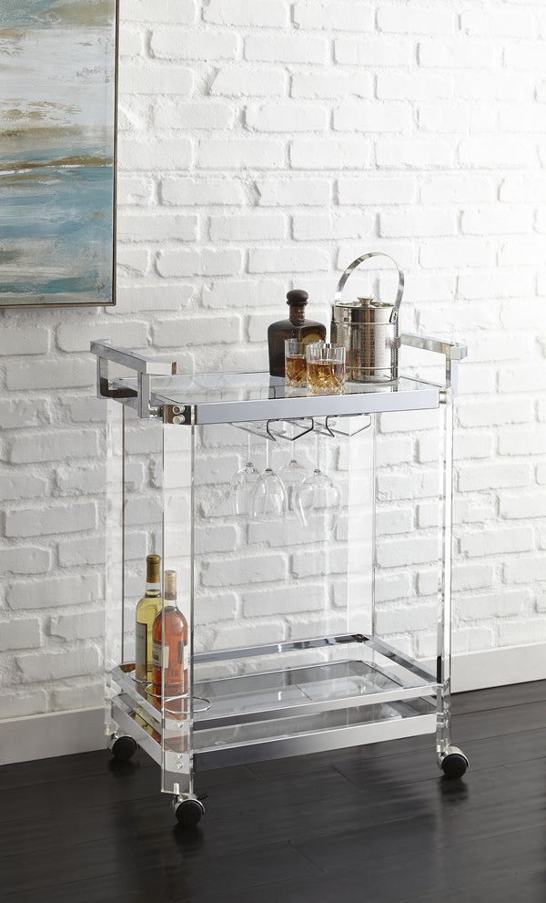 English Elm Steve Silver - Aerin Silver Server Cart with Casters — Modern Iron Frame, Acrylic & Tempered Glass Shelves, 33.25" L B081P157691