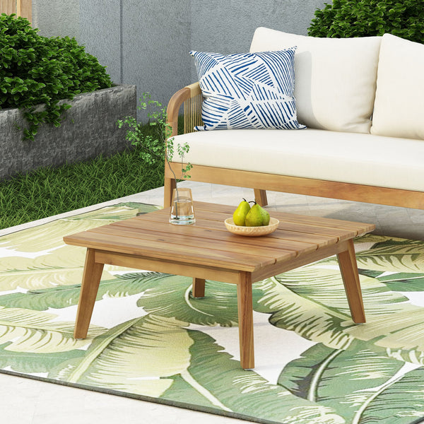 English Elm Crowne Solid Acacia Outdoor Coffee Table Teak Finish Slatted Top Patio Deck Lounge N773P392770B