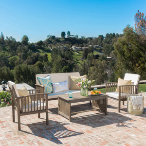 English Elm 4pc Outdoor Chat Set Solid Acacia Wood Loveseat Club Chairs and Coffee Table Patio Grey+Cream 59116.00GRY