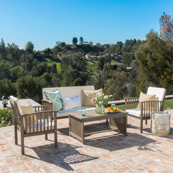 English Elm 4pc Outdoor Chat Set Solid Acacia Wood Loveseat Club Chairs and Coffee Table Patio Grey+Cream 59116.00GRY