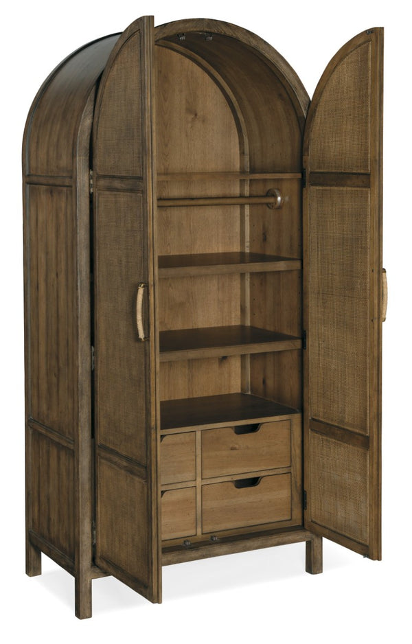 Hooker Furniture Sundance Pecan & Rattan Wardrobe — Cliffside Finish, Distressed Coastal-Rustic Storage With Drawers 6015-90013-89