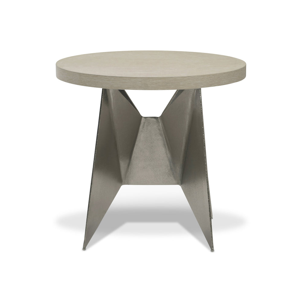 Bernhardt Bernhardt Solaria Sculptural Round Side Table With Shiny Nickel Faceted Base & Dune Oak Top 310125