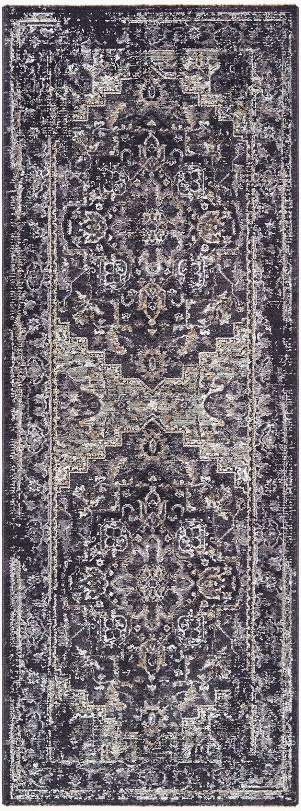 Livabliss Gakko Medallion Polyester Area Rug Turkish Woven Fringe Border Living Room Accent Black, Gray 2'7" x 7'3" GKK2313-2773