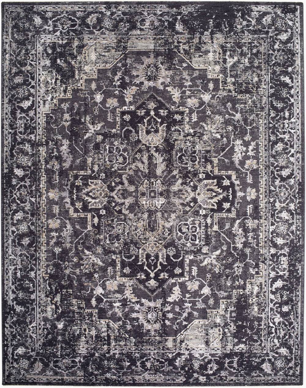 Livabliss Gakko Medallion Polyester Area Rug Turkish Woven Fringe Border Living Room Accent Black, Gray 9' x 12'2" GKK2313-9122
