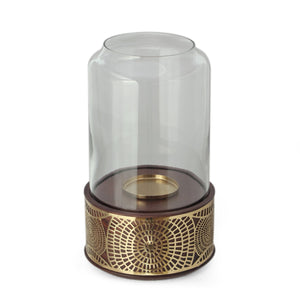 English Elm Christopher Knight Home® - CIRCLE Mango Wood Hurricane Candle Holder with Ornate Gold Accents, Handcrafted Boho Tempered Glass 72064.00