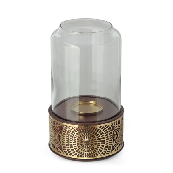 English Elm Christopher Knight Home® - CIRCLE Mango Wood Hurricane Candle Holder with Ornate Gold Accents, Handcrafted Boho Tempered Glass 72064.00
