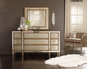 Hooker Furniture Sanctuary Nine-Drawer Dresser With Antique Mirror & Silver Leaf Eglomise, Felt And Cedar-Lined Drawers 5414-90002