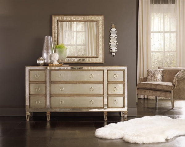 Hooker Furniture Sanctuary Nine-Drawer Dresser With Antique Mirror & Silver Leaf Eglomise, Felt And Cedar-Lined Drawers 5414-90002