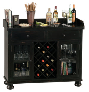 Hekman Furniture 695002 Elegant Wine & Bar Cabinet With Decorative Apron, 14-bottle Rack, And Secure Storage Options Worn Black (Brown Undertone) Cabernet Hill Wine Console 695002