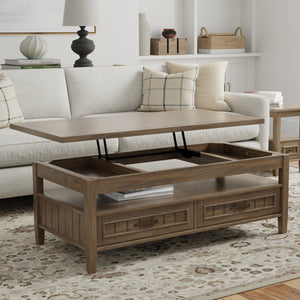 English Elm Lev Lift Top Coffee Table in Smoky Brown Solid Wood with Storage, Drawers & Brushed Bronze Handles B136P158826