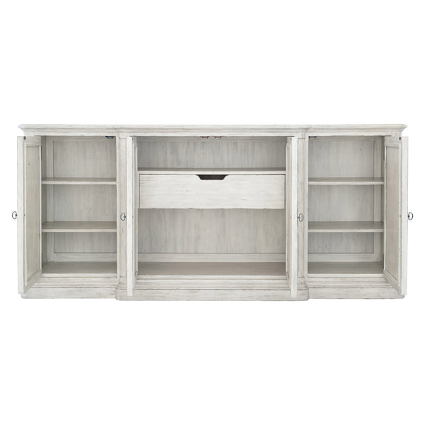 Bernhardt Bernhardt Mirabelle Buffet With Whitewashed Finish, Antiqued Mirrored Panels & Black Hardware — Stylish Storage 304132