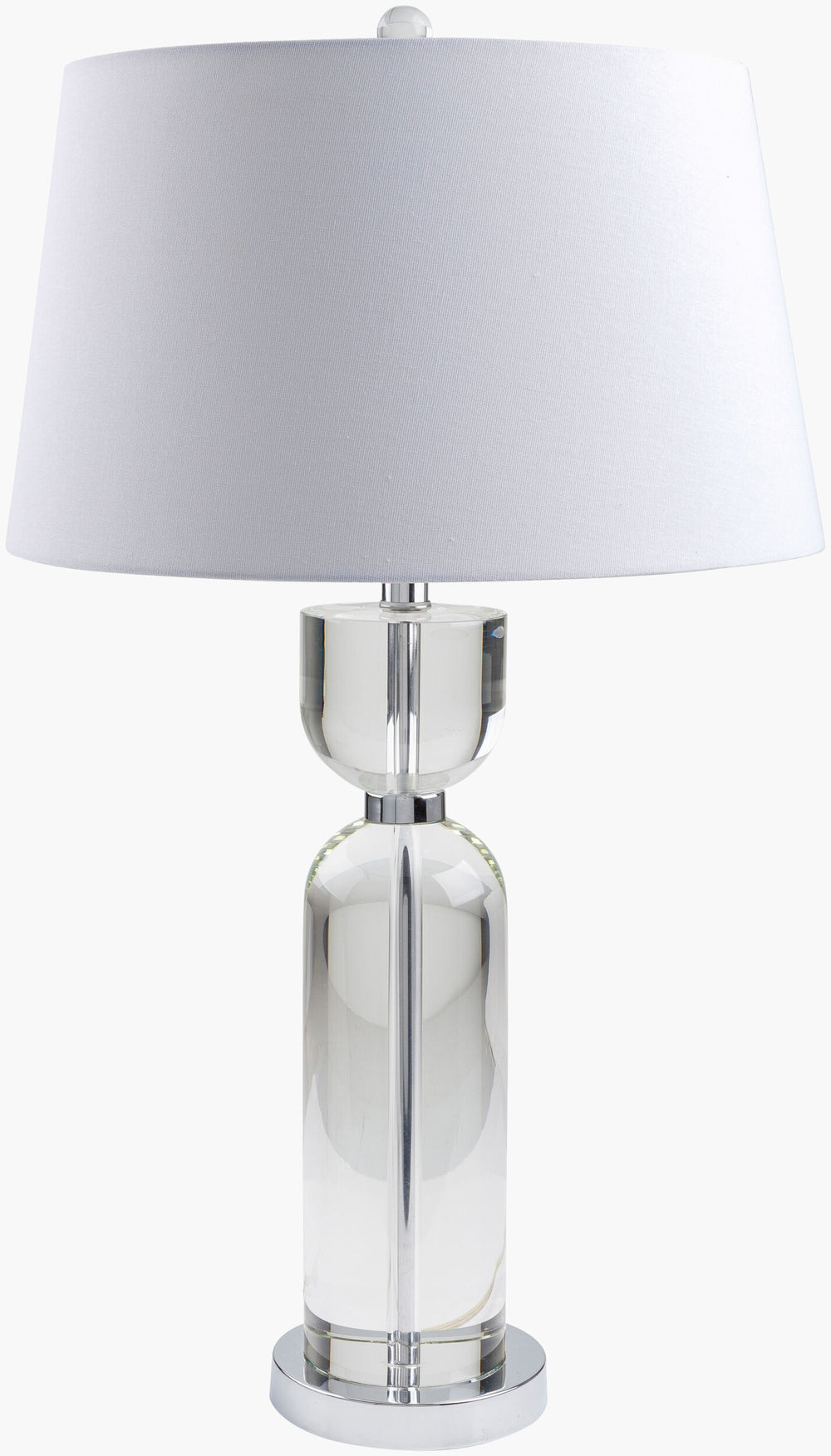 Surya Glamorous 29"H Crystal Accent Table Lamp With Elegant Linen Shade For Timeless Home Decor Body, Clear,Base, Metallic ,Silver,Shade, White,Finial, Clear,Harp, Metallic ,Nickel,Cord, Translucent Crystal,Iron,Linen,Polyester,Crystal Glm-001