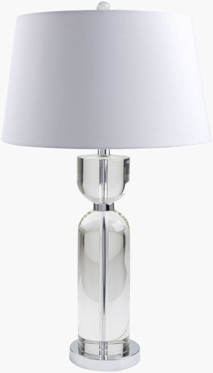 Surya Glamorous 29"H Crystal Accent Table Lamp With Elegant Linen Shade For Timeless Home Decor Body, Clear,Base, Metallic ,Silver,Shade, White,Finial, Clear,Harp, Metallic ,Nickel,Cord, Translucent Crystal,Iron,Linen,Polyester,Crystal Glm-001
