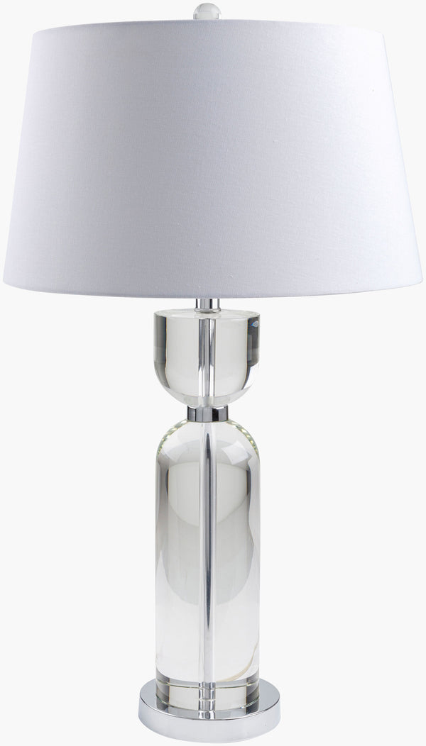 Surya Glamorous 29"H Crystal Accent Table Lamp With Elegant Linen Shade For Timeless Home Decor Body, Clear,Base, Metallic ,Silver,Shade, White,Finial, Clear,Harp, Metallic ,Nickel,Cord, Translucent Crystal,Iron,Linen,Polyester,Crystal Glm-001