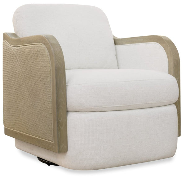 Hooker Furniture Wilma Coastal Swivel Chair With Woven Rattan, Light Wood Frame & Halston White Performance Fabric — Durable Comfort And 360° Movement CC903-SW-404
