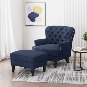 English Elm Christopher Knight Home® - CLUB Plush Fabric Club Chair and Ottoman Set with Birch Legs, Cozy 100% Polyester Upholstery Comfort Blue 33.75 L x 33.5 W x 31 H 67821.00BLU