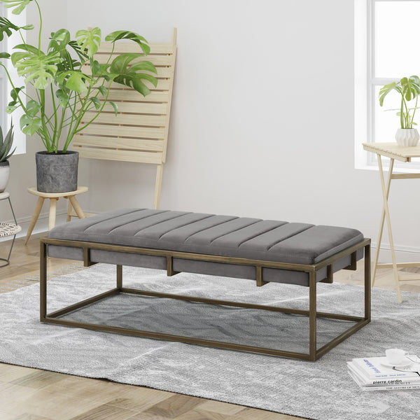 English Elm Ottoman Channel Pleated Velvet Bench with Slim Metal Frame for Modern Living Rooms 62486.00NVLTGRY