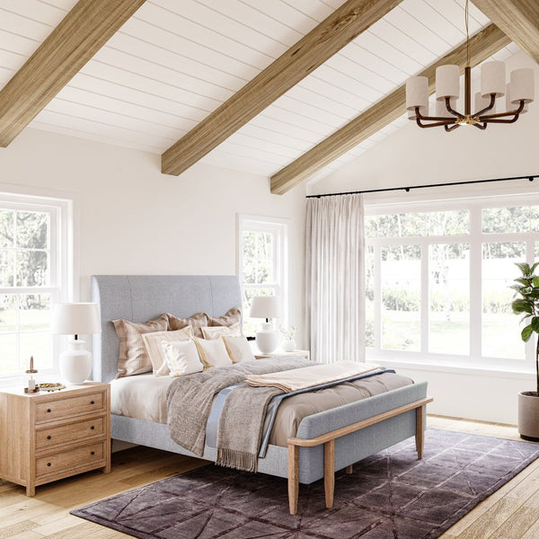 A.R.T. Furniture Post Modern Farmhouse Bed In Cracked Almond Finish With Soft Chenille Fabric For Elegant Comfort Light Brown, Light Gray Ash & Pine Solid,Plank,Effect Flakey \Oak And Pine Veneer,Foam,Fabric 288135-2355