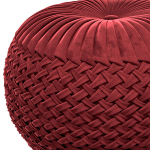 English Elm Grafton Velvet Round Pouf Ottoman — Handcrafted Maroon Tufted Velvet Accent Seat with Woven Sides Red B136P159290
