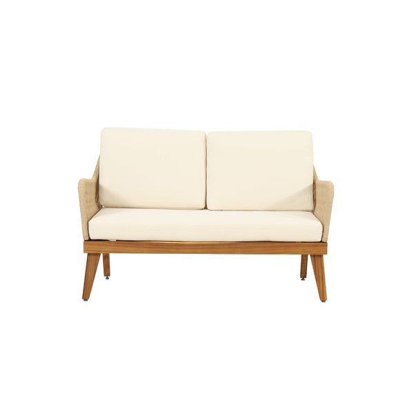 English Elm Christopher Knight Home® - Outdoor Teak Acacia 4-Piece Chat Set with Rope Weave, Water-Resistant Cushions, Loveseat & 2 Chairs 73424.00LBGE