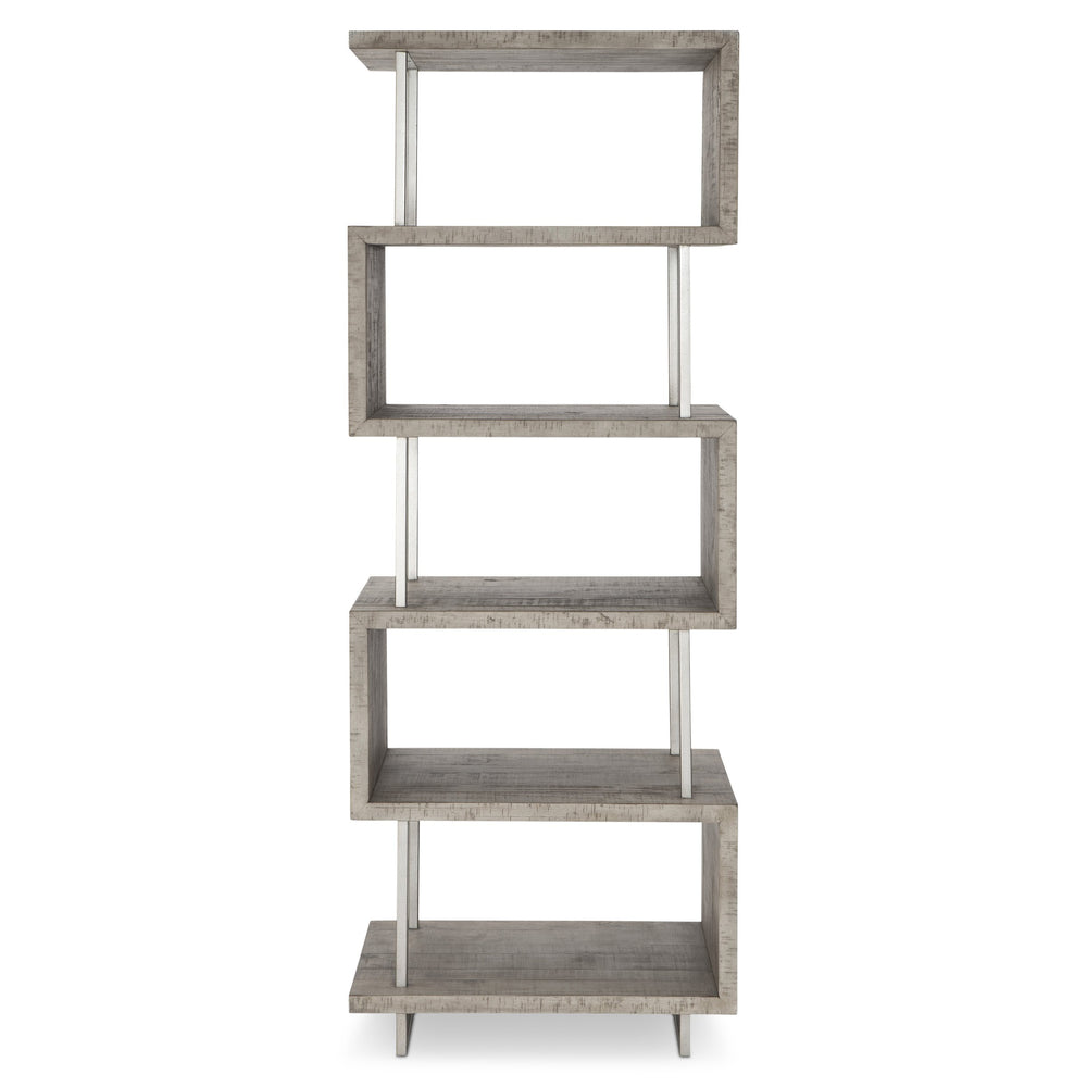 Bernhardt Bernhardt Polk Etagere: Bauhaus-Inspired 5-Shelf Distressed Pine & Silver Metal Display For Modern Spaces D12810