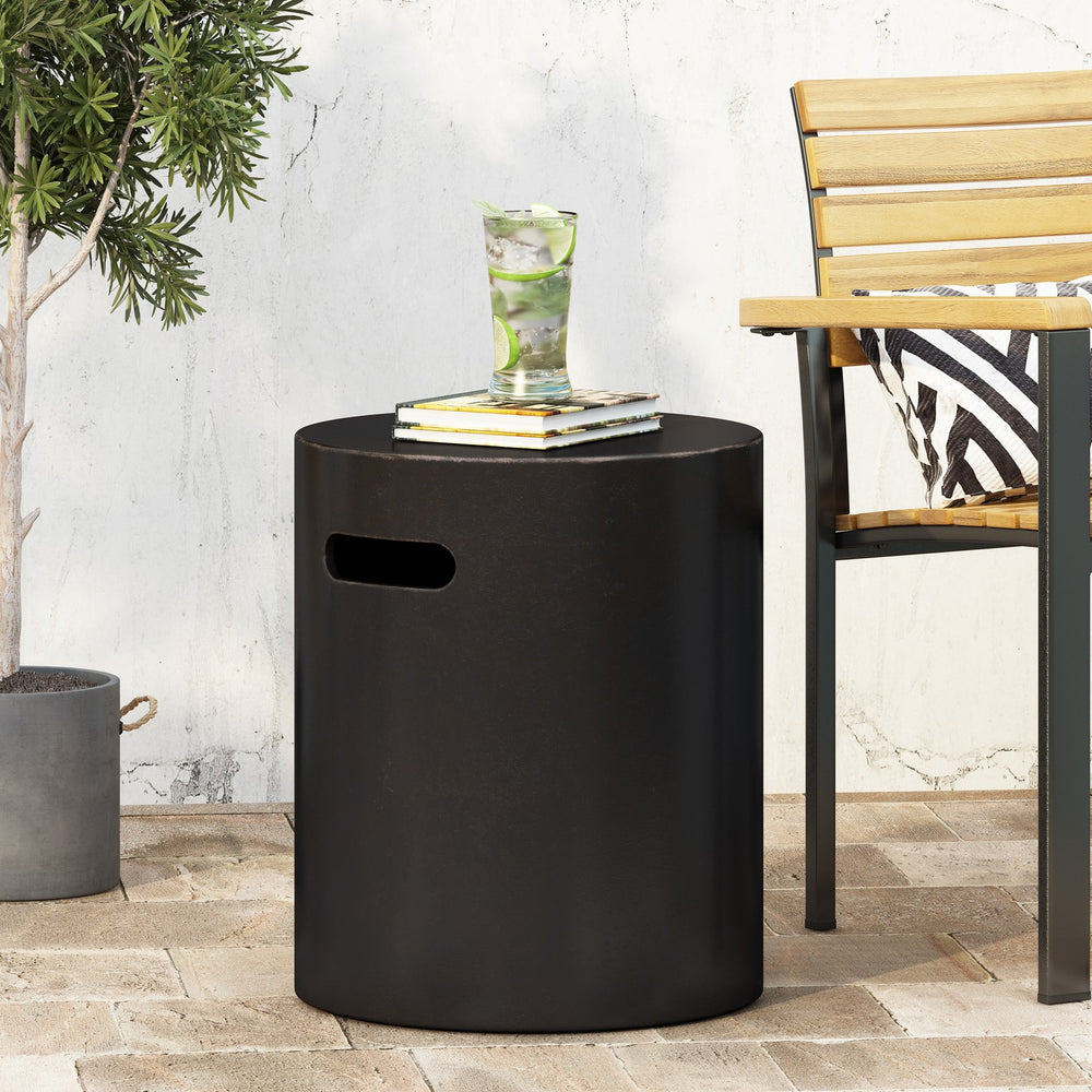 English Elm Outdoor Concrete Cylindrical Side Table with Copper Finish and Cutout Handle 73441.00