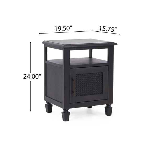 English Elm Christopher Knight Home® - NIGHTSTAND Rustic Dark Grey Acacia Wood with Cane Webbing, Cabinet + Open Shelf Storage, 15.75"W x 24"H 71931.00DGRY