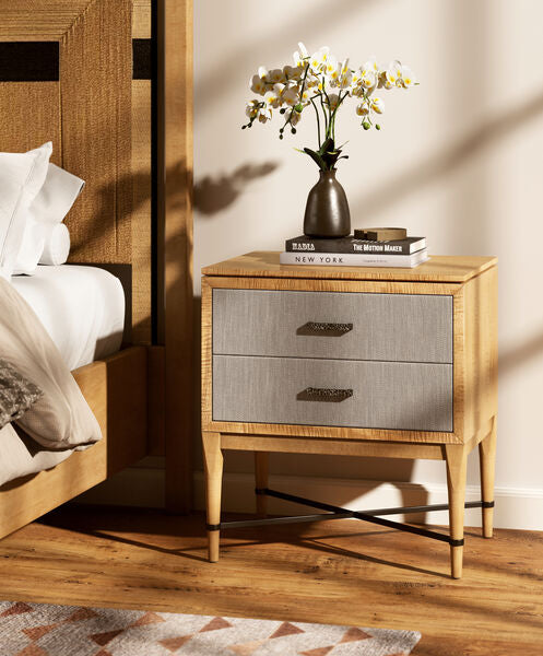 A.R.T. Furniture Loft Stylish 2-drawer Nightstand With Textured Fabric, Tapered Legs & Elegant Bronze Metal X Stretcher Brown Material(S), Poplar,Rubberwood,Fabric 335141-1911