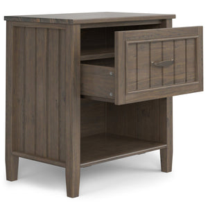 English Elm Lev Smoky Brown Bedside Table – Handcrafted Solid Wood, Drawer & Open Storage, Transitional Groove Design B136P158825