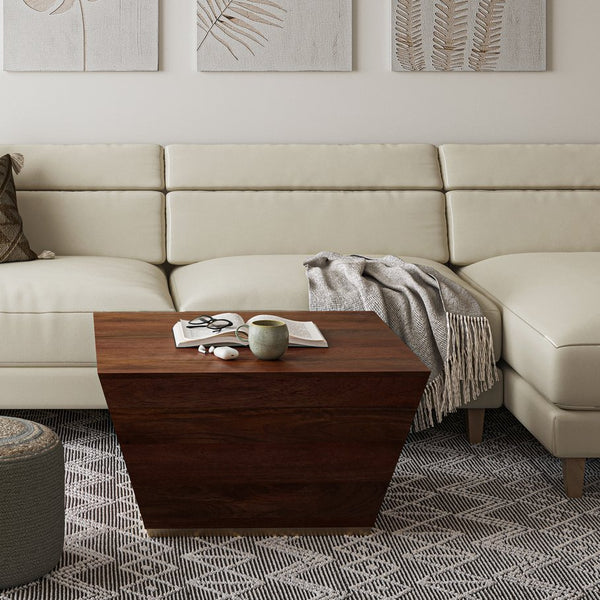 English Elm Abba Square Coffee Table - Handcrafted Cognac Brown Mango Wood With Brass Trim For Elegant Living B136P158265
