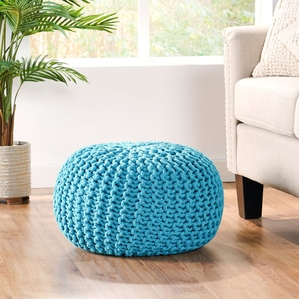 English Elm Christopher Knight Home® - MORO Aqua Pouf Knit Weave Cotton Accent Seat — Modern Round 20" x 14" No-Assembly Cozy Décor 60480.00