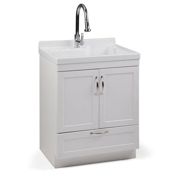 English Elm Maile 28" Laundry Cabinet with Deep 12.8" ABS Sink, Pull-Out Faucet, Storage Drawer, Pure White B136P158804