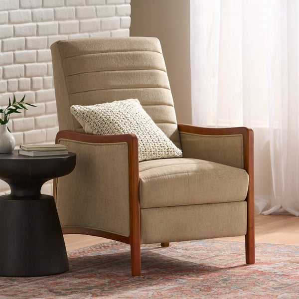 English Elm Christopher Knight Home® - Mid Century Modern Sand Fabric Recliner with Channel Stitch & Birch Wood Frame, Pushback Comfort 70451.00FSND