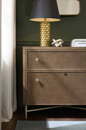 Hooker Furniture Sonnet Light Earthen Oak Lateral File With Woven Cane Fronts, Satin Champagne Knobs, Locking Drawer — Transitional Office Storage (38"W X 31"H) 6072-10466-85