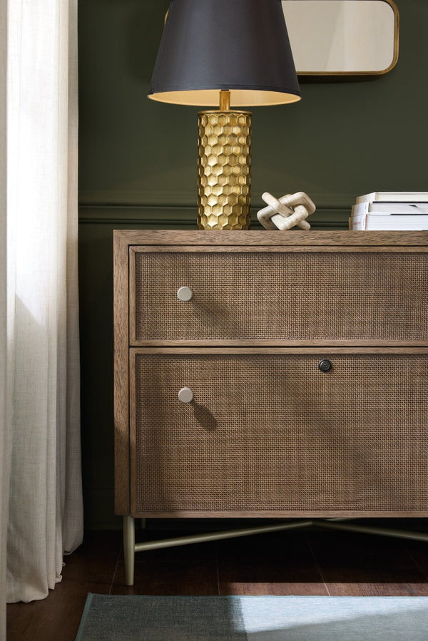 Hooker Furniture Sonnet Light Earthen Oak Lateral File With Woven Cane Fronts, Satin Champagne Knobs, Locking Drawer — Transitional Office Storage (38"W X 31"H) 6072-10466-85