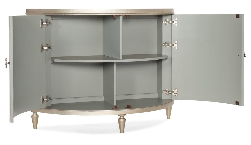 Hooker Furniture Melange Champagne Leaf Linen Demilune Chest With Silver Floral Hardware, French-Inspired Storage Elegance 628-85645-92