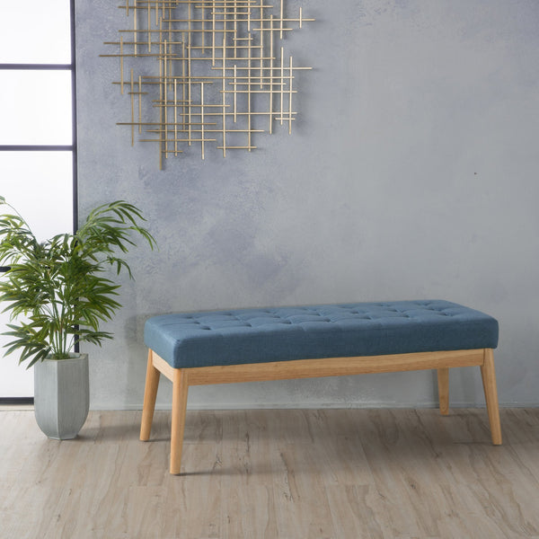 English Elm Ottoman Tufted Upholstered Bench with Birch Frame Mid-century Style for Bedroom Entry 60407.00BLU