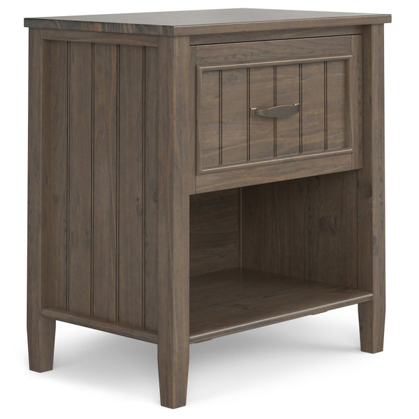 English Elm Lev Smoky Brown Bedside Table – Handcrafted Solid Wood, Drawer & Open Storage, Transitional Groove Design B136P158825
