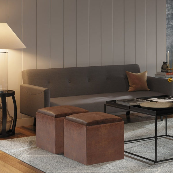 English Elm Rockwood Cube Storage Ottoman With Tray - Stylish Distressed Brown Faux Leather For Modern Spaces B136P159099-GIGA