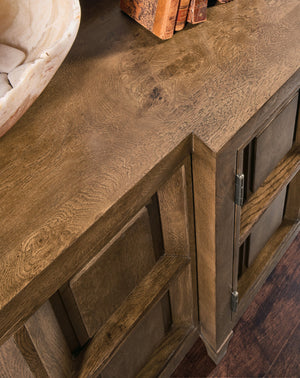 Hooker Furniture Melange Nikos Oak Breakfront Credenza with Bronze Hardware and Wire Management 628-85754-82